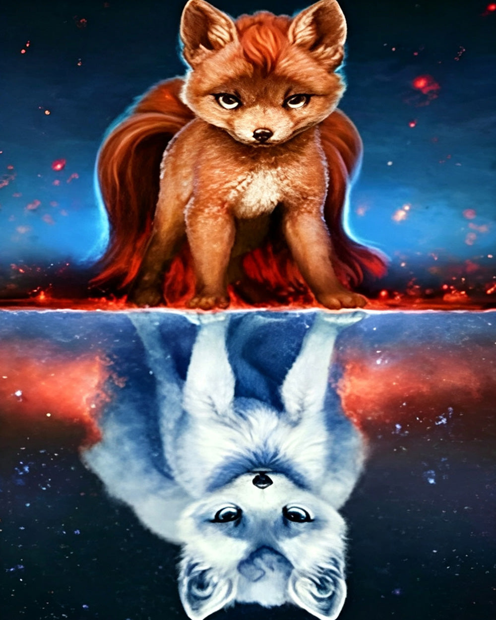 Fox and wolf reflection in space cross stitch kit for beginners