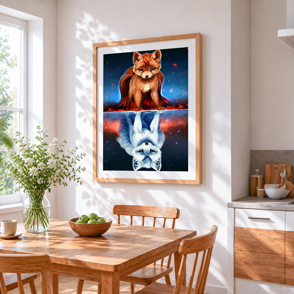 Fox and wolf reflection in space cross stitch artwork displayed on wall as home decor