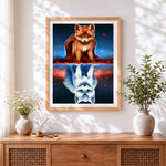 Finished fox and wolf reflection in space paint by numbers artwork displayed as home decor