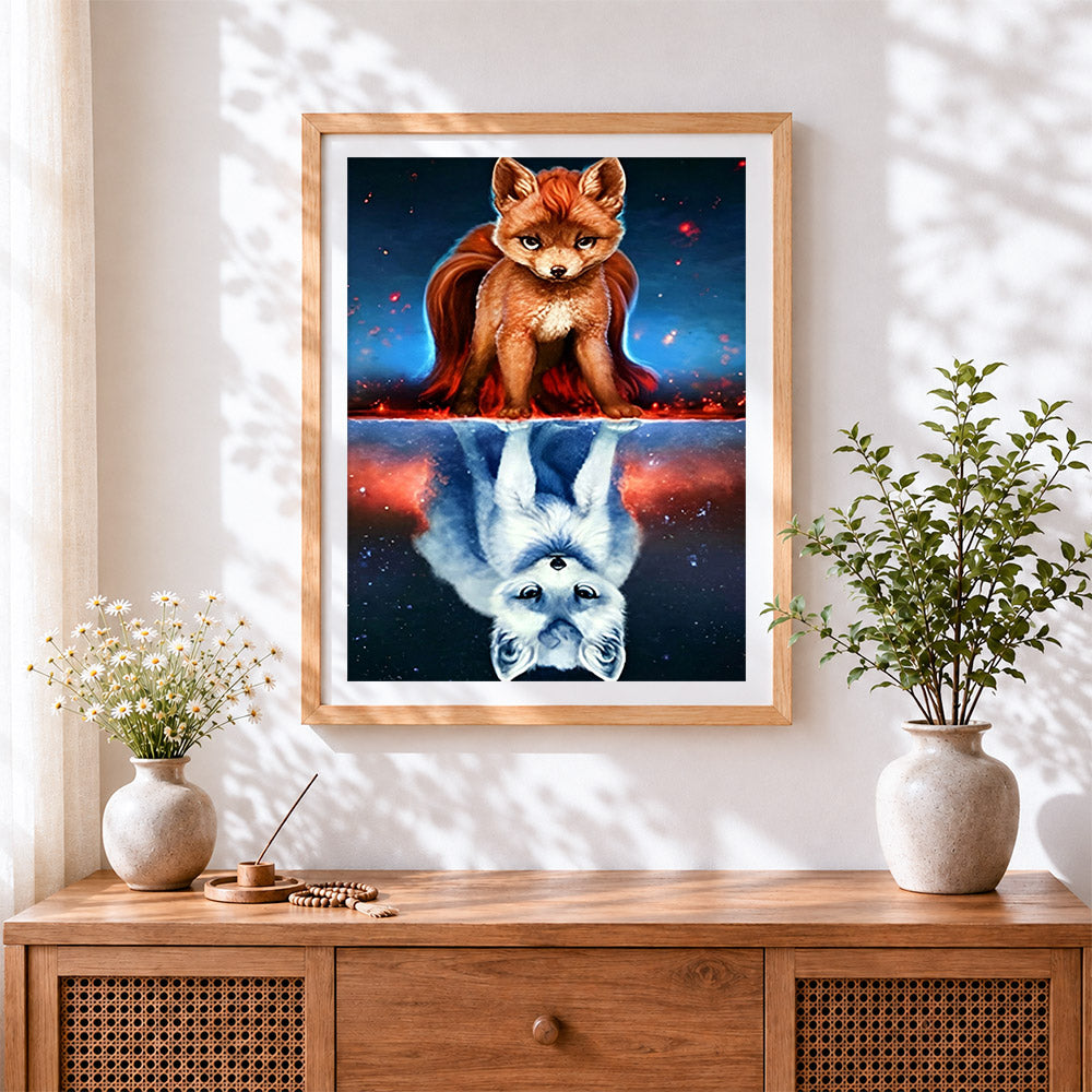 Finished fox and wolf reflection in space paint by numbers artwork displayed as home decor