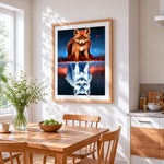 Fox and wolf reflection in space paint by numbers artwork displayed on wall as home decor