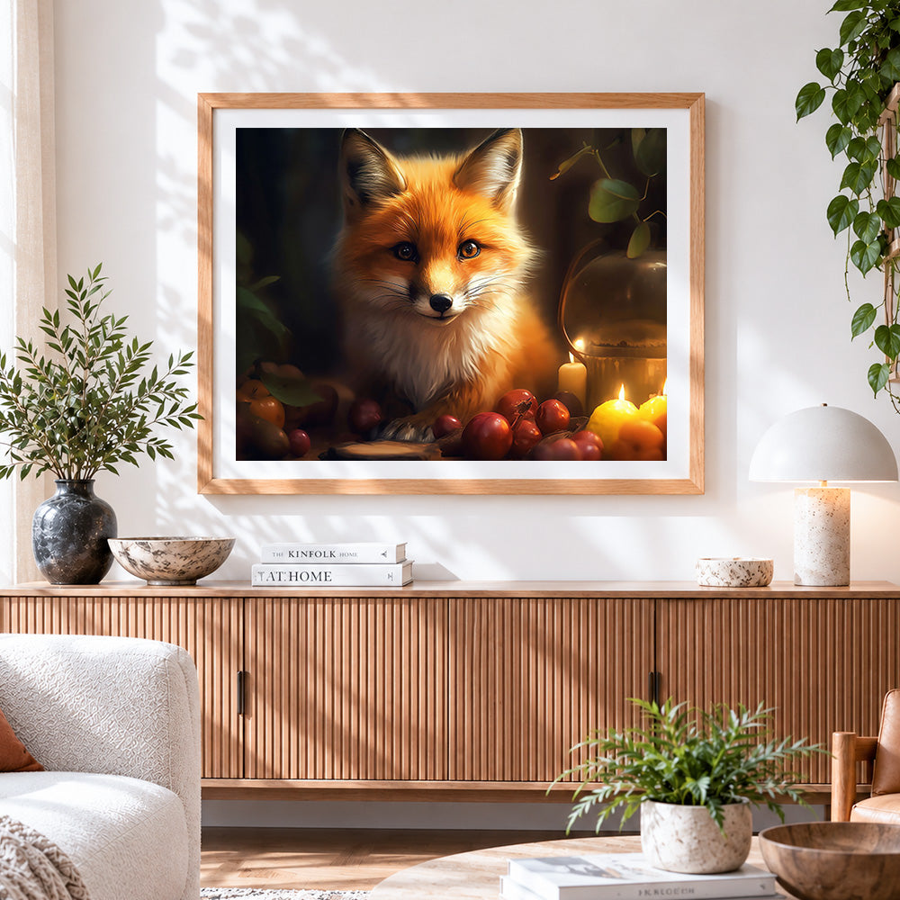 Finished fox by candlelight with autumn fruits paint by numbers artwork displayed as home decor
