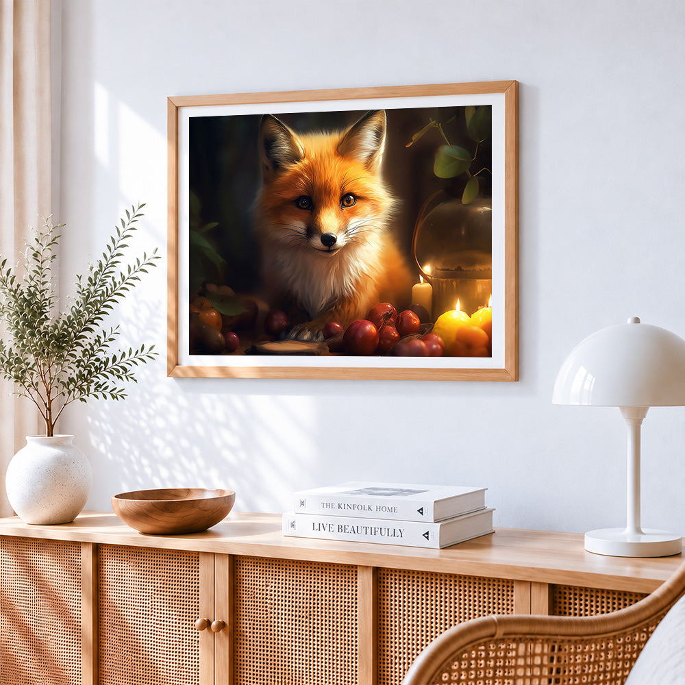 Fox by candlelight with autumn fruits paint by numbers artwork displayed on wall as home decor
