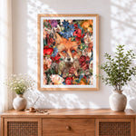 Finished fox in a floral wonderland cross stitch artwork displayed