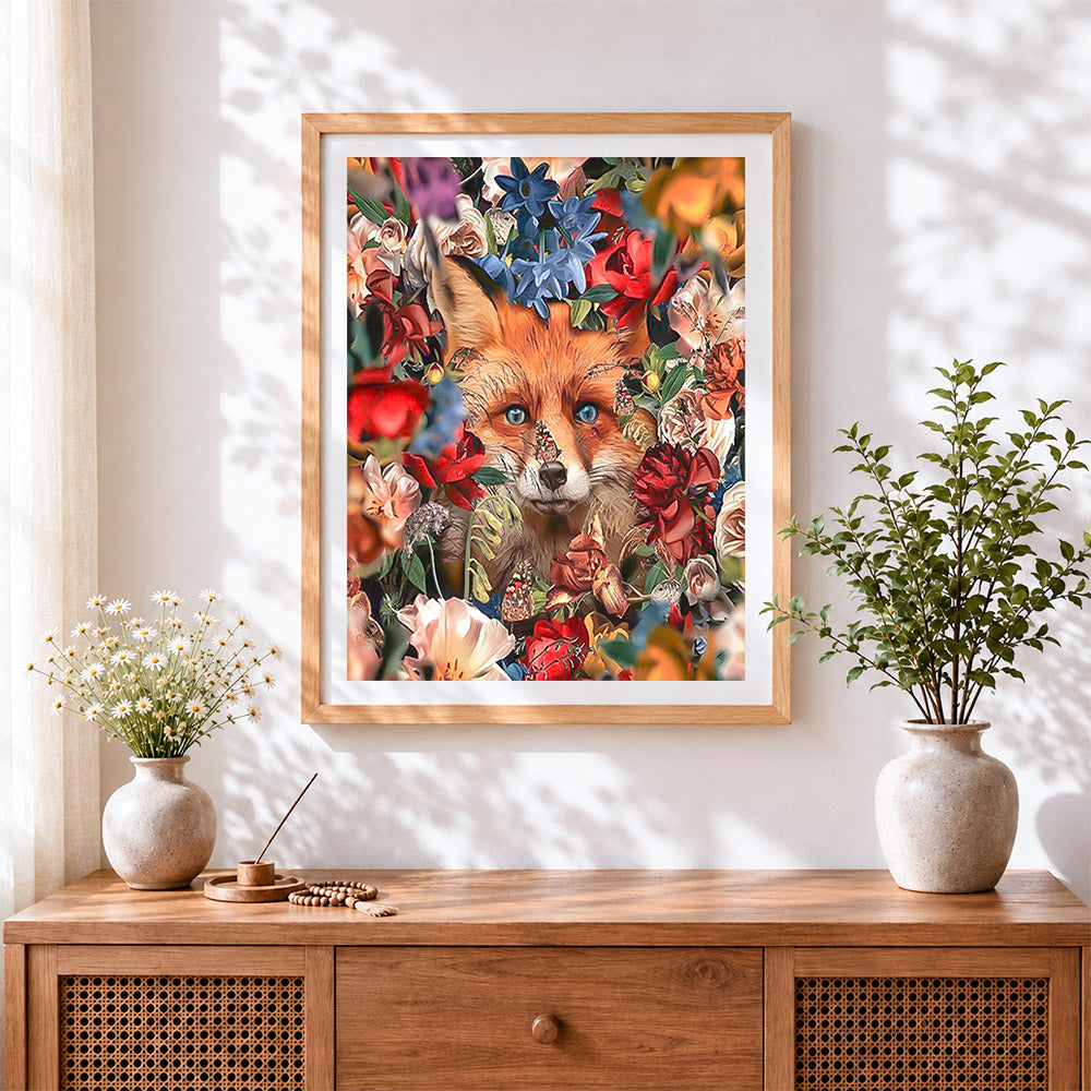 Finished fox in a floral wonderland cross stitch artwork displayed
