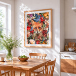 Fox in a floral wonderland cross stitch artwork displayed on wall as home decor