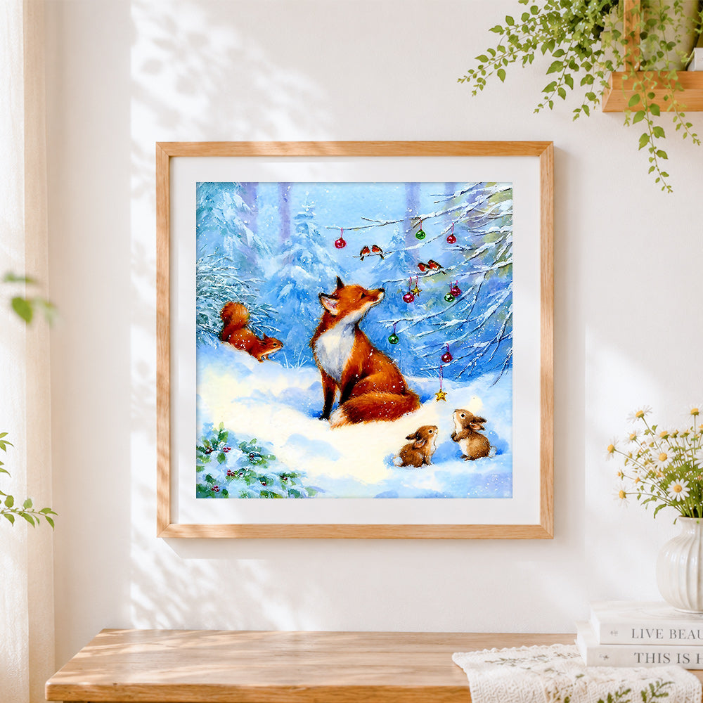 Finished fox in a winter wonderland cross stitch artwork displayed