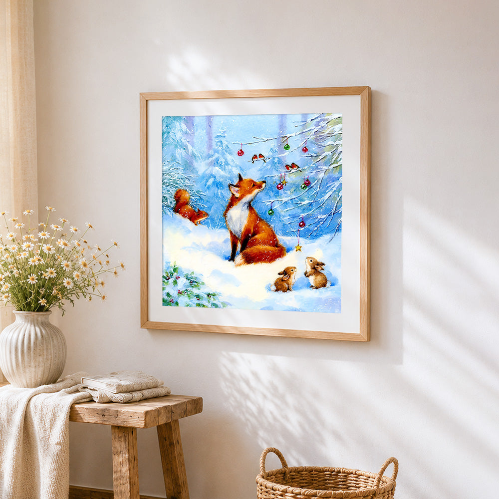 Fox in a winter wonderland cross stitch artwork displayed on wall as home decor