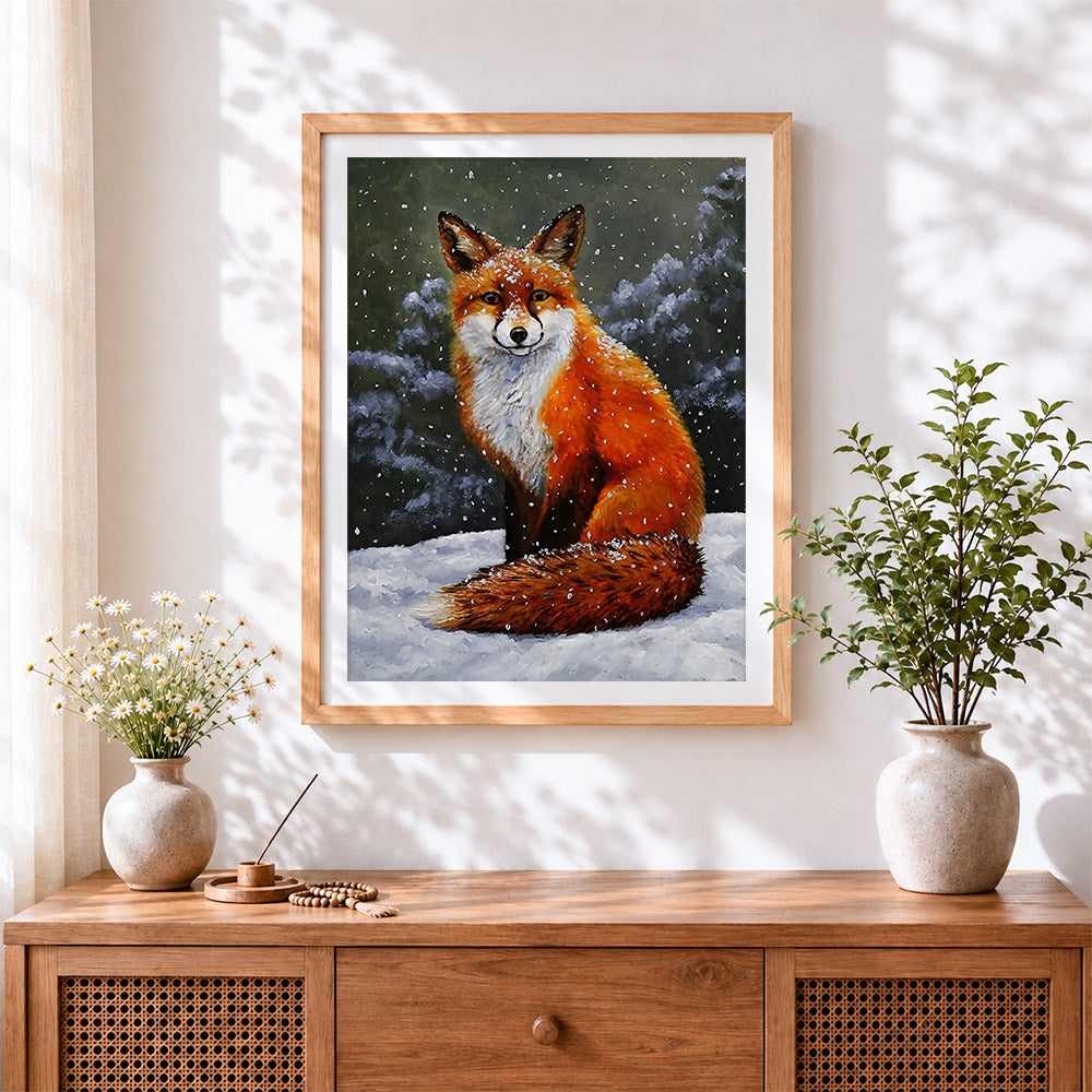 Finished fox in the snow cross stitch artwork displayed