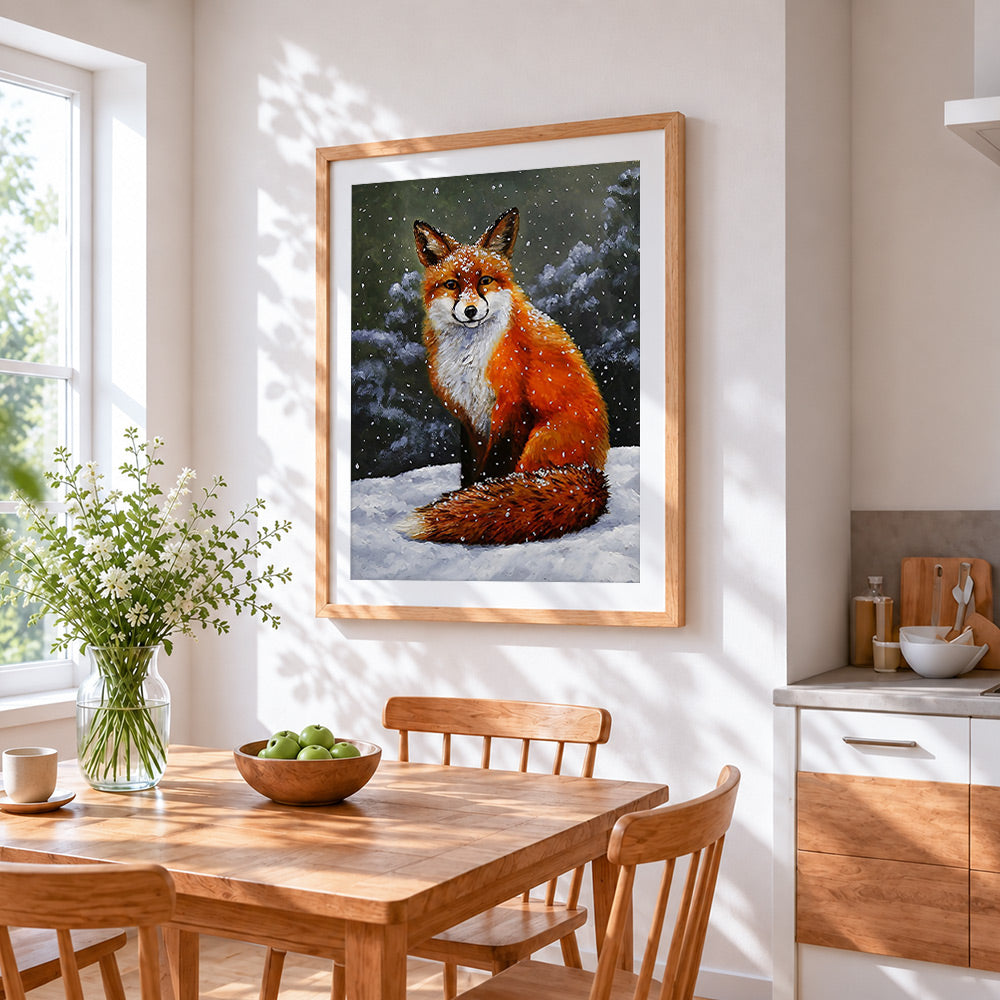 Fox in the snow cross stitch artwork displayed on wall as home decor