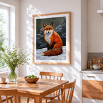 Fox in the snow cross stitch artwork displayed on wall as home decor