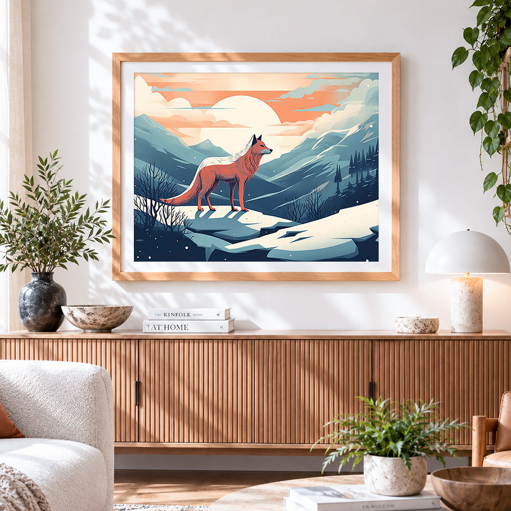 Finished fox on a snowy mountain at sunset cross stitch artwork displayed