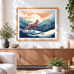 Finished fox on a snowy mountain at sunset cross stitch artwork displayed