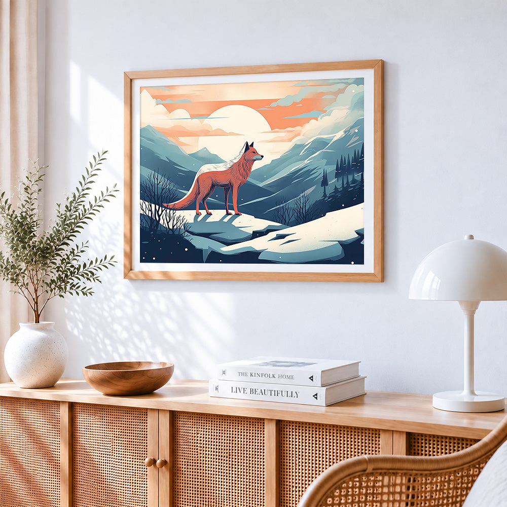 Fox on a snowy mountain at sunset cross stitch artwork displayed on wall as home decor