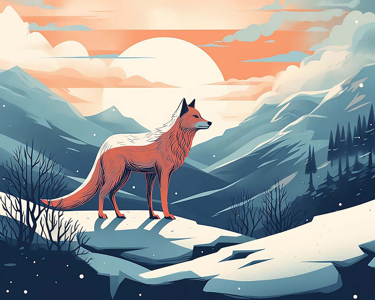 Fox on a snowy mountain at sunset paint by numbers kit for beginners