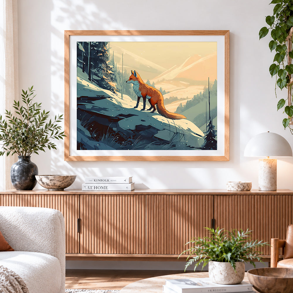 Finished fox on a snowy mountain ledge paint by numbers artwork displayed as home decor