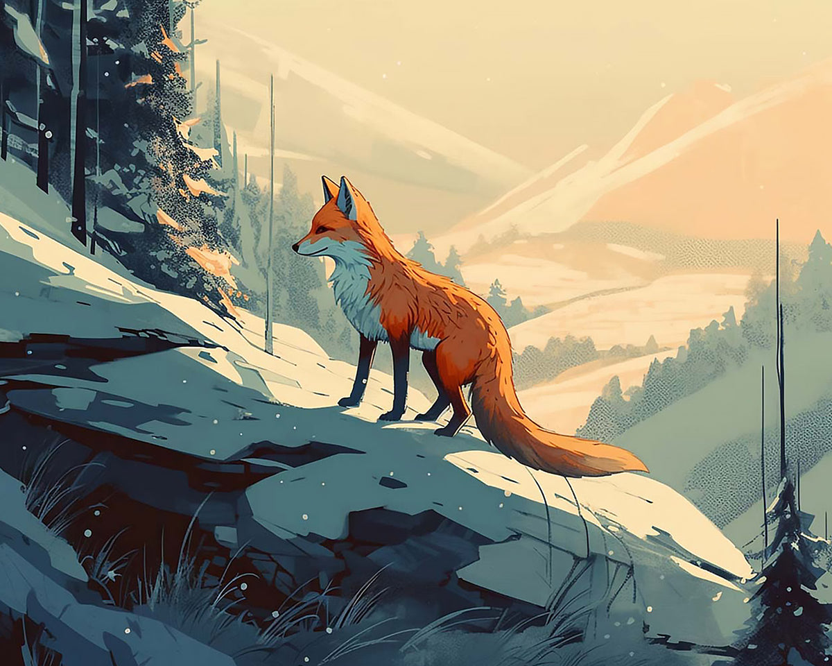 Fox on a snowy mountain ledge paint by numbers kit for beginners