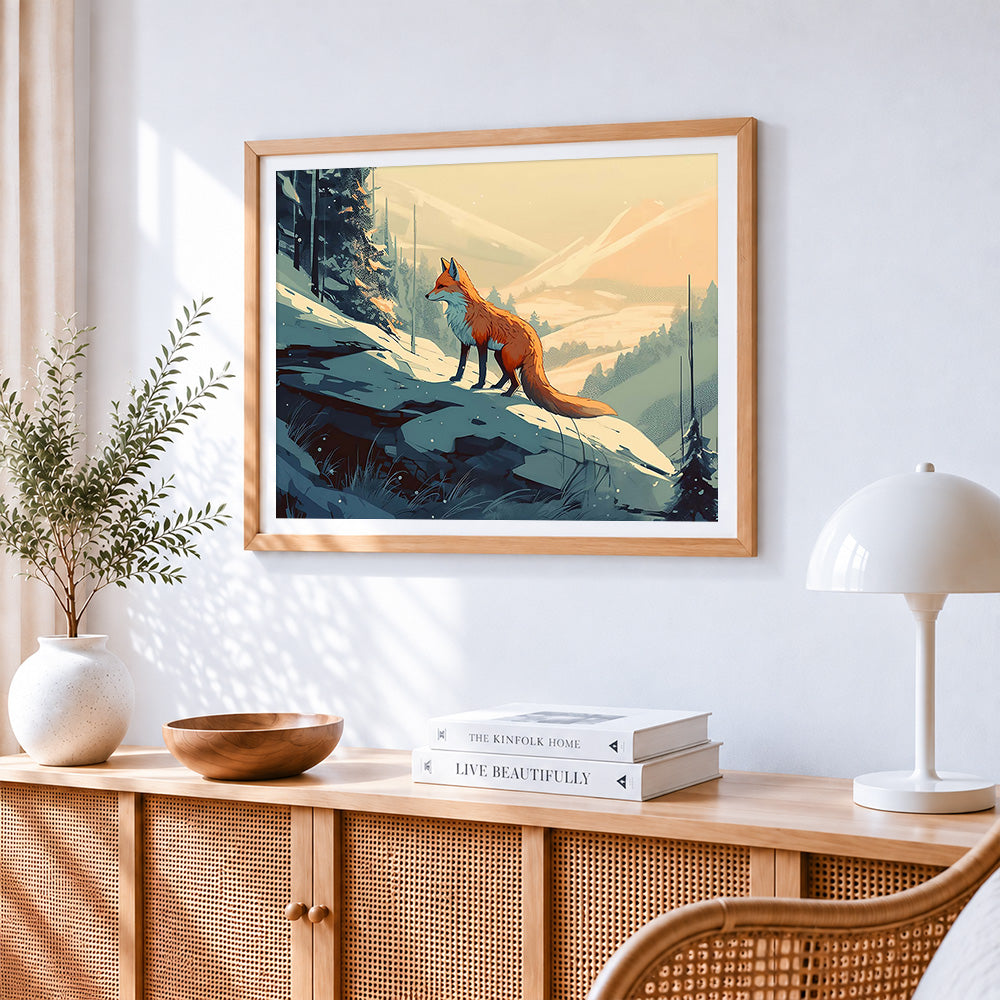 Fox on a snowy mountain ledge paint by numbers artwork displayed on wall as home decor