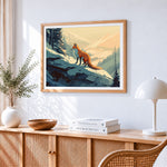 Fox on a snowy mountain ledge paint by numbers artwork displayed on wall as home decor