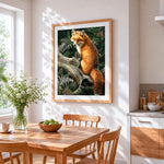 Fox on a tree branch cross stitch artwork displayed on wall as home decor