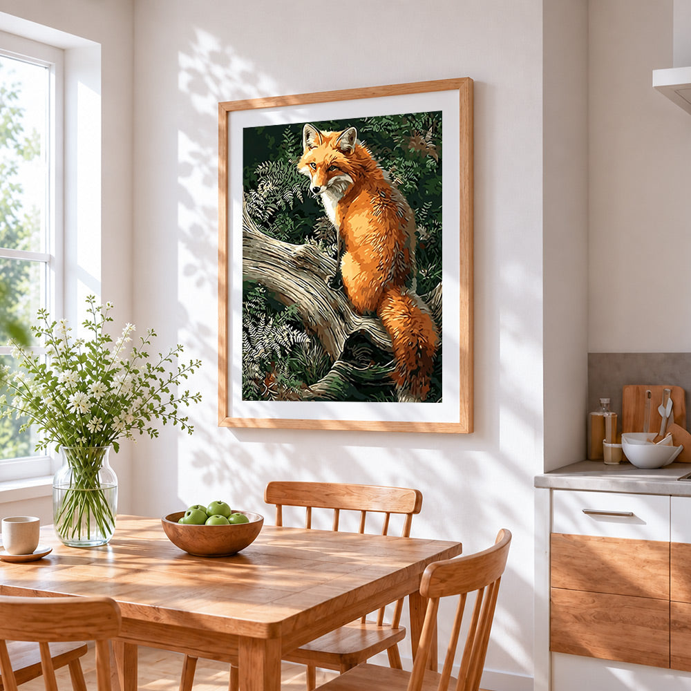 Fox on a tree branch cross stitch artwork displayed on wall as home decor