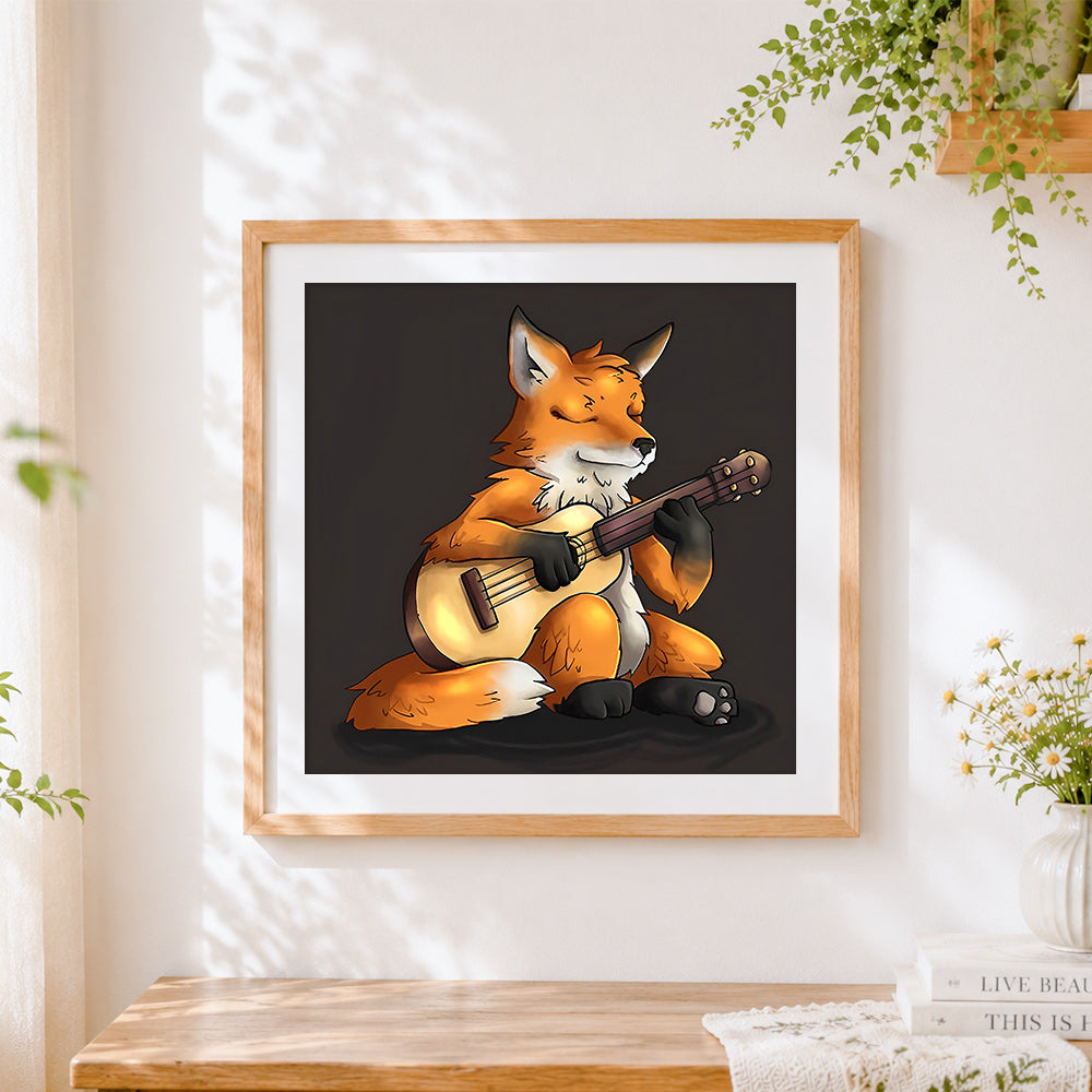 Finished fox playing a guitar cross stitch artwork displayed