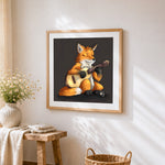 Fox playing a guitar cross stitch artwork displayed on wall as home decor
