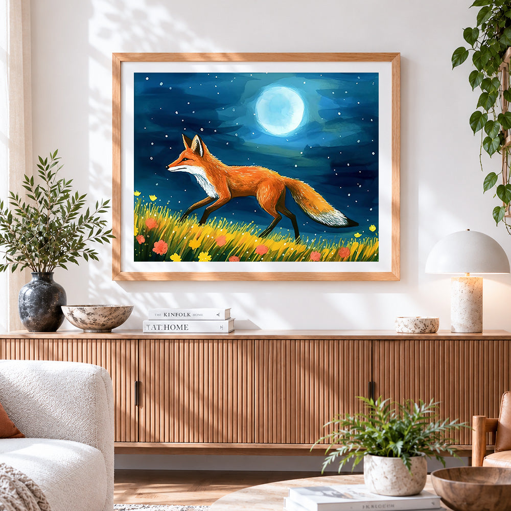 Finished fox walking under the moonlight cross stitch artwork displayed