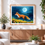 Finished fox walking under the moonlight cross stitch artwork displayed
