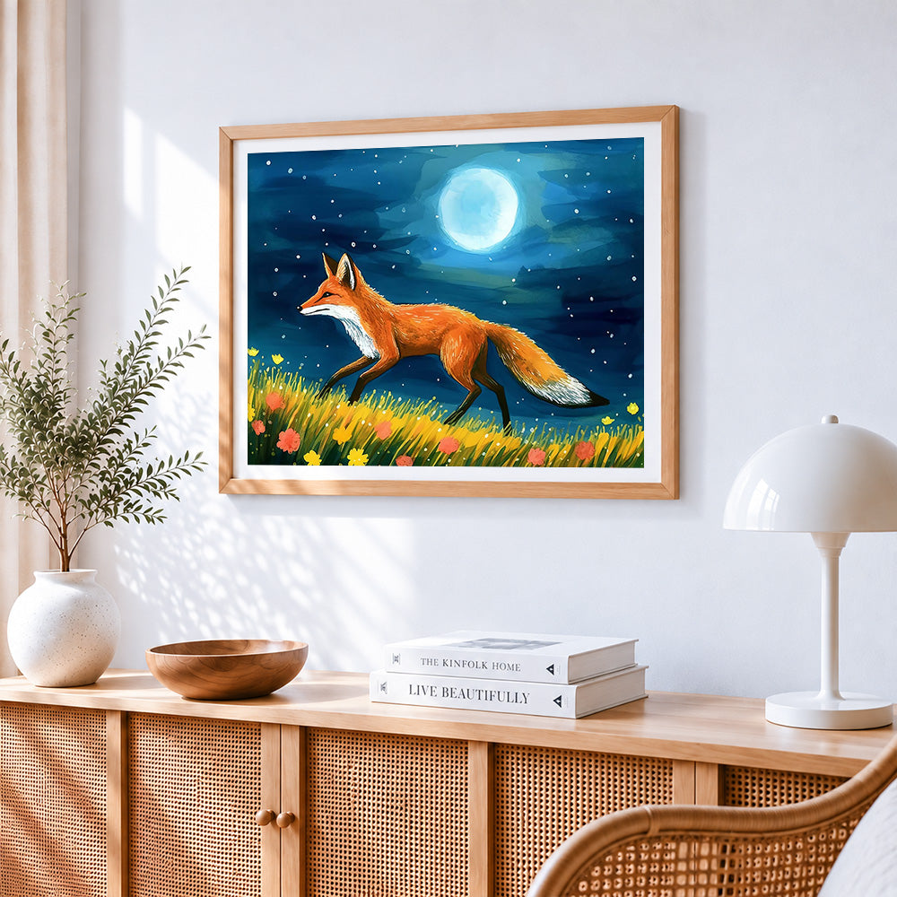 Fox walking under the moonlight paint by numbers artwork displayed on wall as home decor