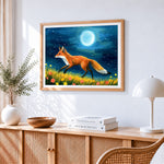 Fox walking under the moonlight paint by numbers artwork displayed on wall as home decor