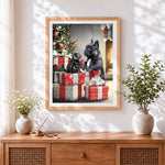 Finished rench bulldog and kitten on christmas presents cross stitch artwork displayed