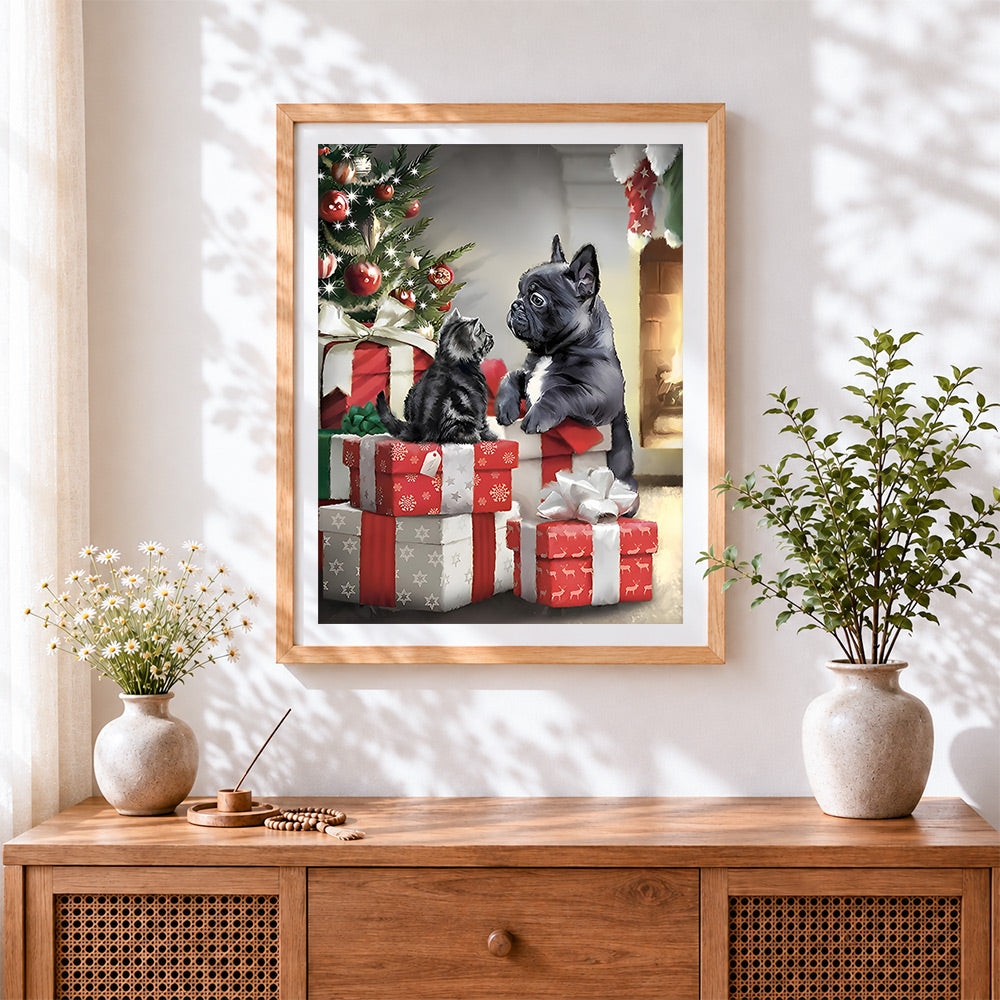 Finished rench bulldog and kitten on christmas presents cross stitch artwork displayed