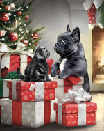 French bulldog and kitten on christmas presents cross stitch kit for beginners