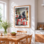 French bulldog and kitten on christmas presents cross stitch artwork displayed on wall as home decor