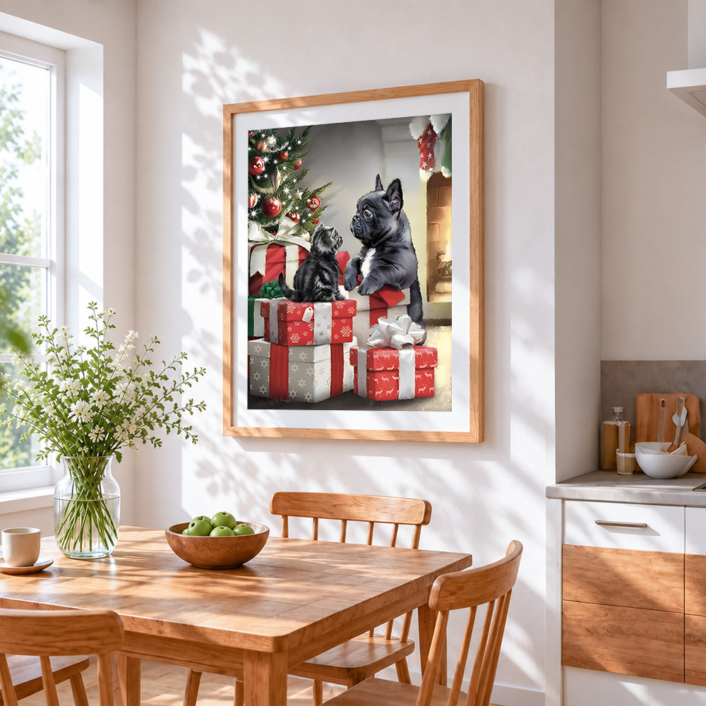 French bulldog and kitten on christmas presents cross stitch artwork displayed on wall as home decor
