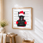 French bulldog "bad santa" mugshot cross stitch artwork displayed on wall as home decor