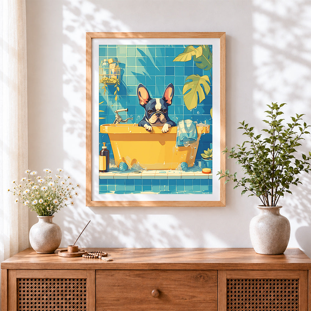 Finished french bulldog in bathtub cross stitch artwork displayed