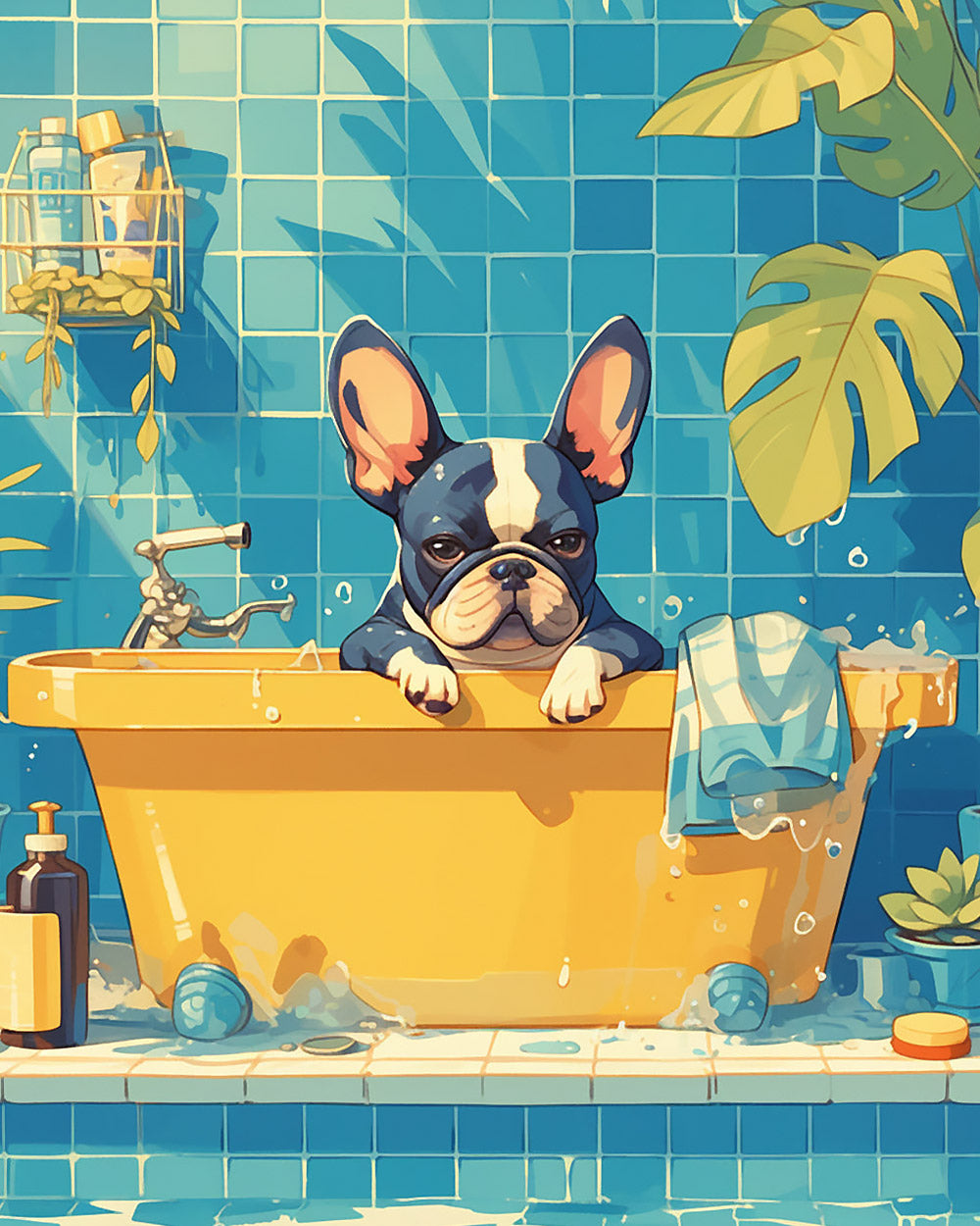 French bulldog in bathtub cross stitch kit for beginners