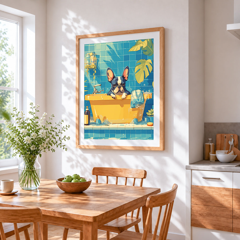 French bulldog in bathtub cross stitch artwork displayed on wall as home decor