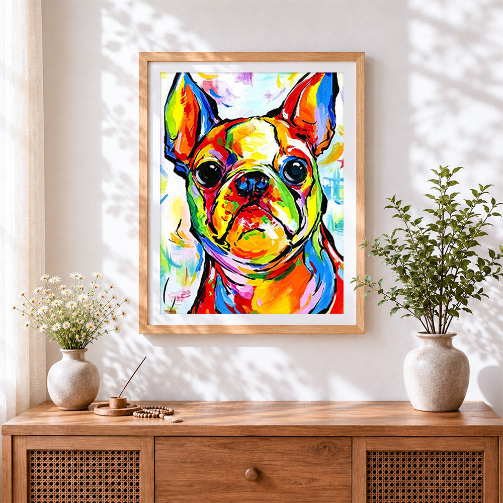 Finished french bulldog in vibrant colours cross stitch artwork displayed