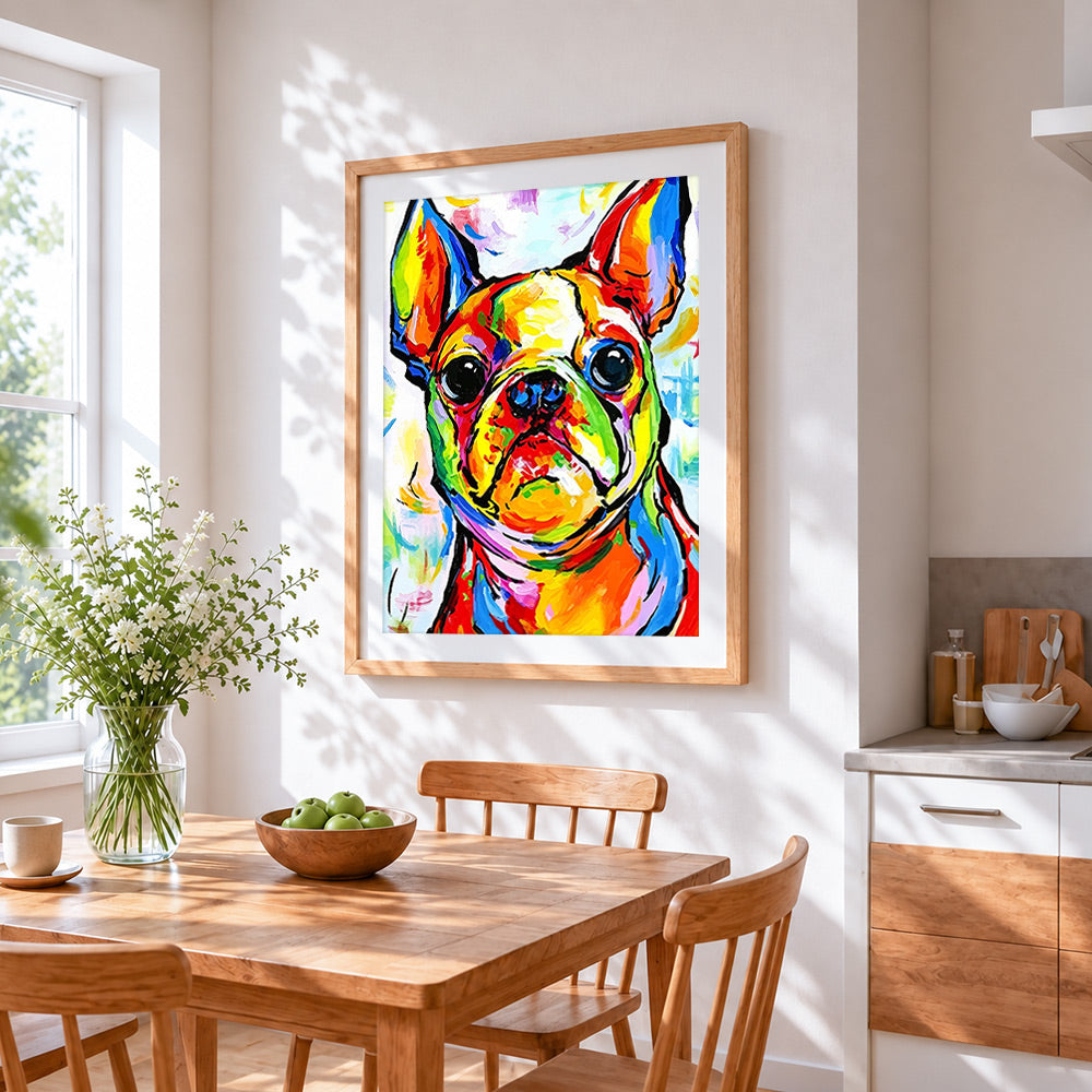 French bulldog in vibrant colours cross stitch artwork displayed on wall as home decor