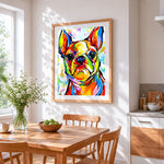 French bulldog in vibrant colours cross stitch artwork displayed on wall as home decor