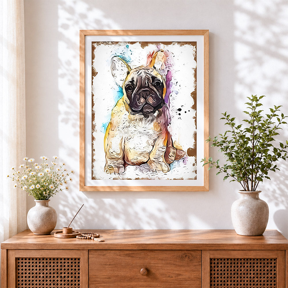 Finished french bulldog in watercolour splash style cross stitch artwork displayed