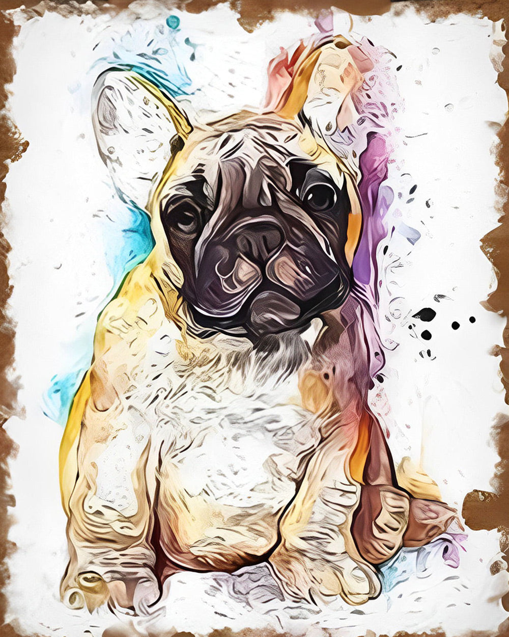 French bulldog in watercolour splash style cross stitch kit for beginners