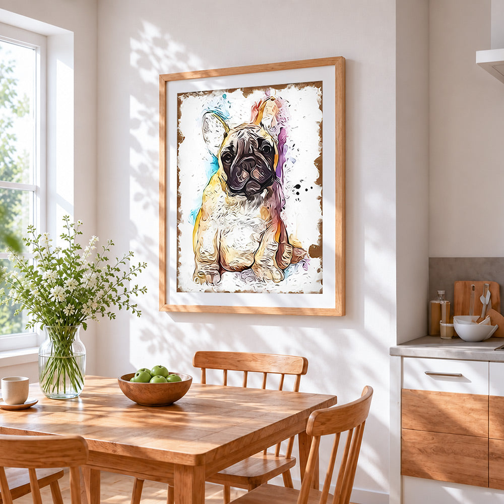 French bulldog in watercolour splash style cross stitch artwork displayed on wall as home decor