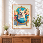 Finished french bulldog on blue armchair cross stitch artwork displayed