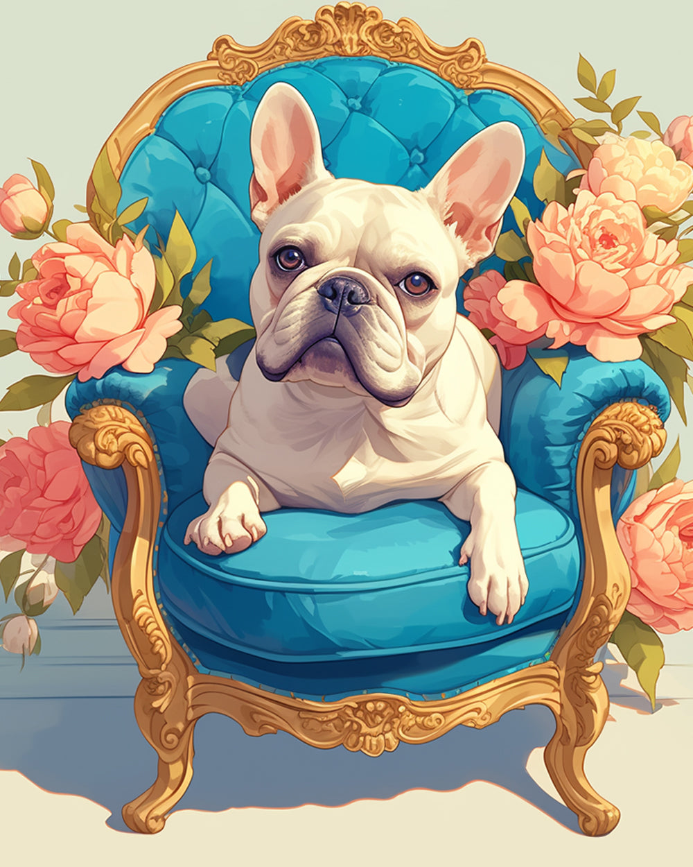 French bulldog on blue armchair cross stitch kit for beginners
