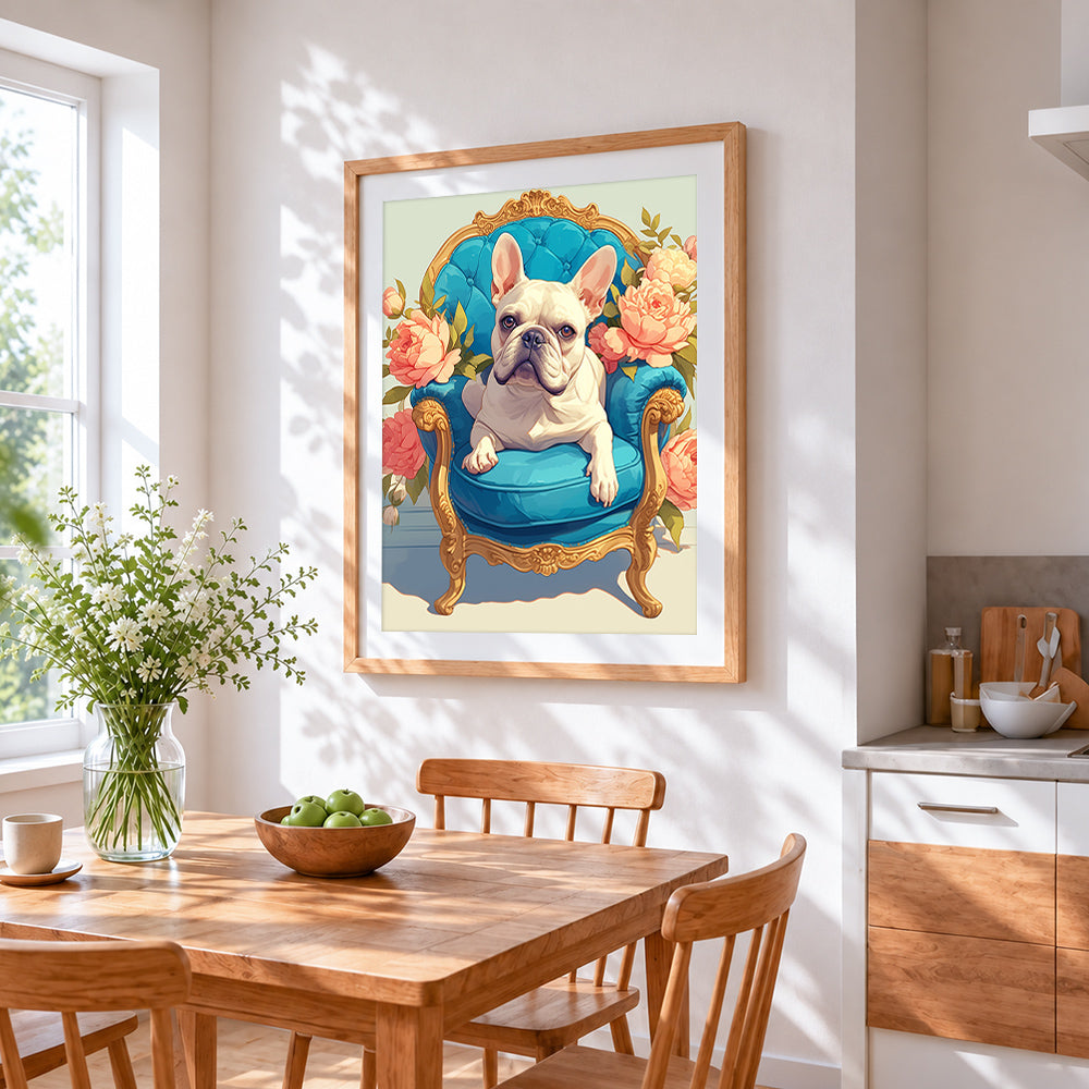 French bulldog on blue armchair cross stitch artwork displayed on wall as home decor
