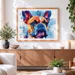 Finished french bulldog watercolour art cross stitch artwork displayed